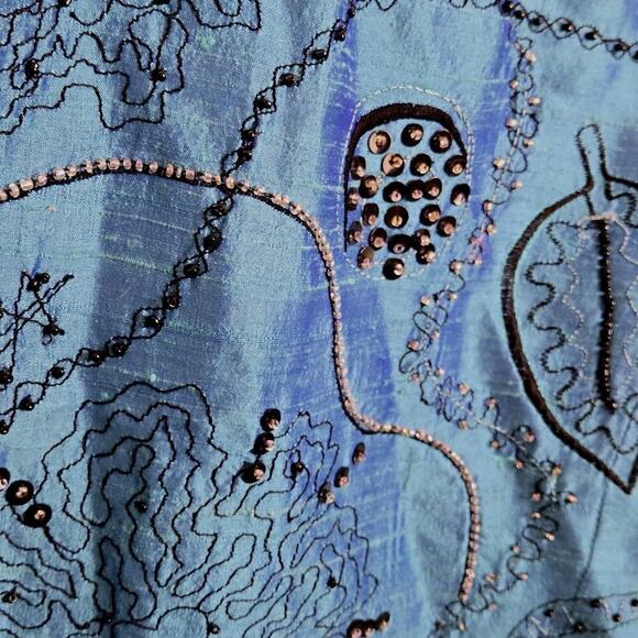 Vintage Bleu Bayou Sz L 100% Silk Jacket Teal Sequin Embroidered Black Glam - Picture 7 of 7